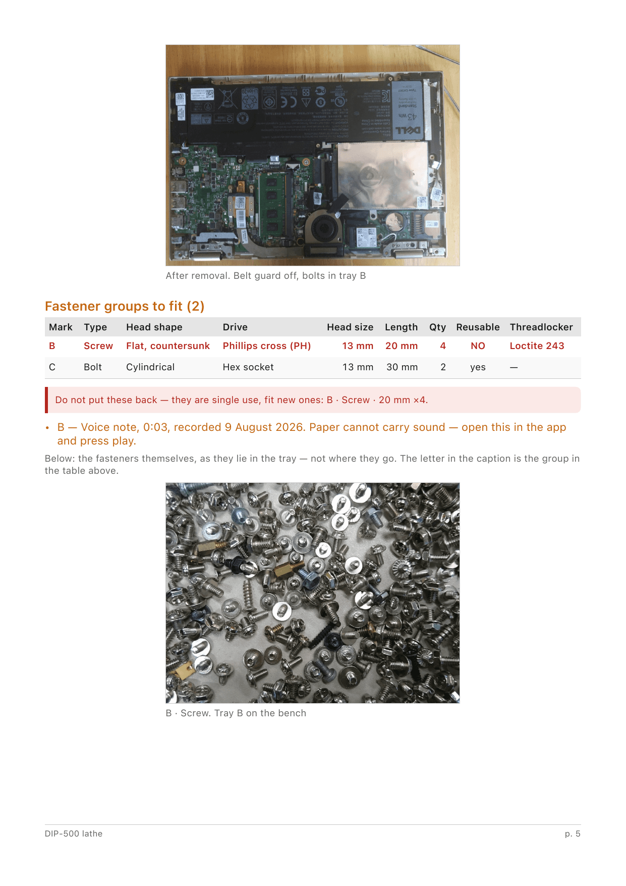Report page: fastener table with letters, sizes and reusability, photo of tray B