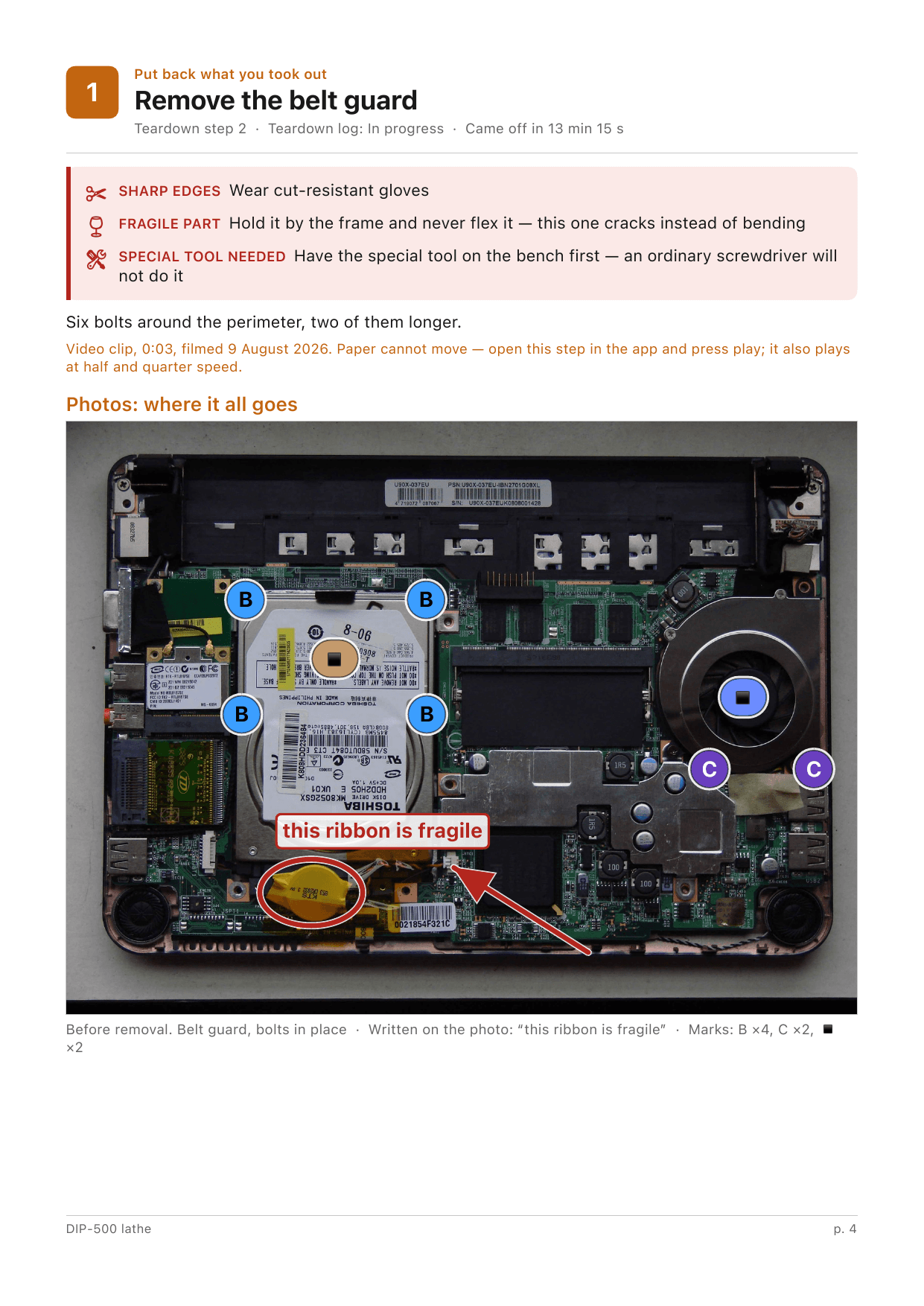 Report page: Remove the belt guard — hazard warnings and a photo with lettered fastener marks