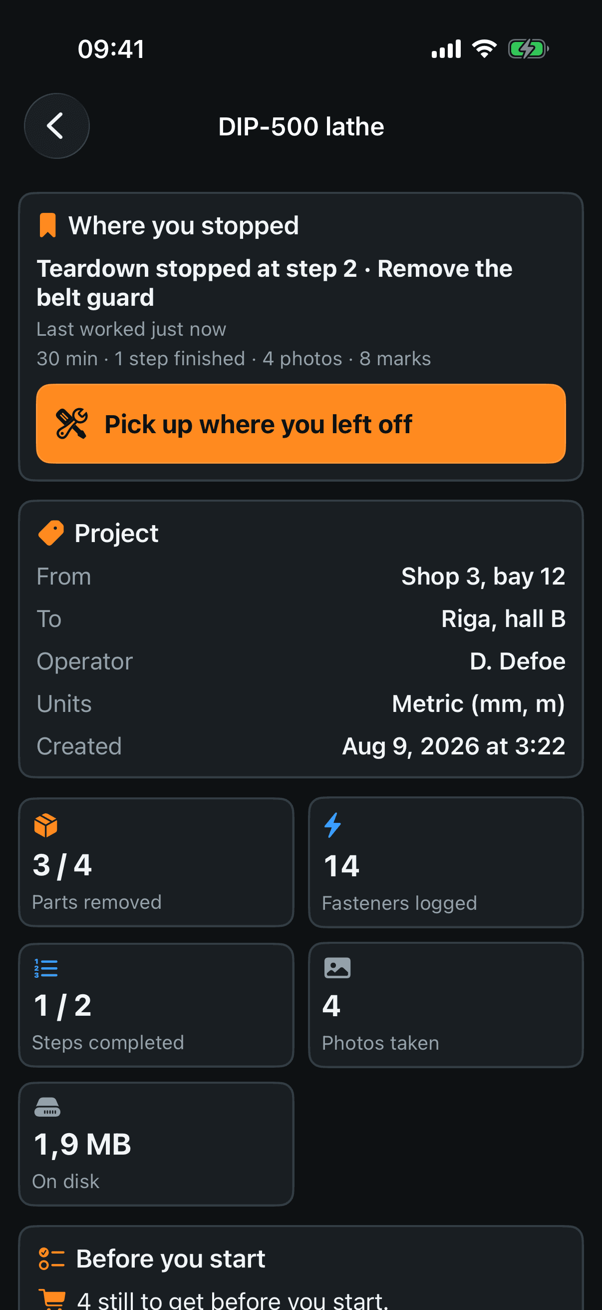 Project hub — photos, steps, export