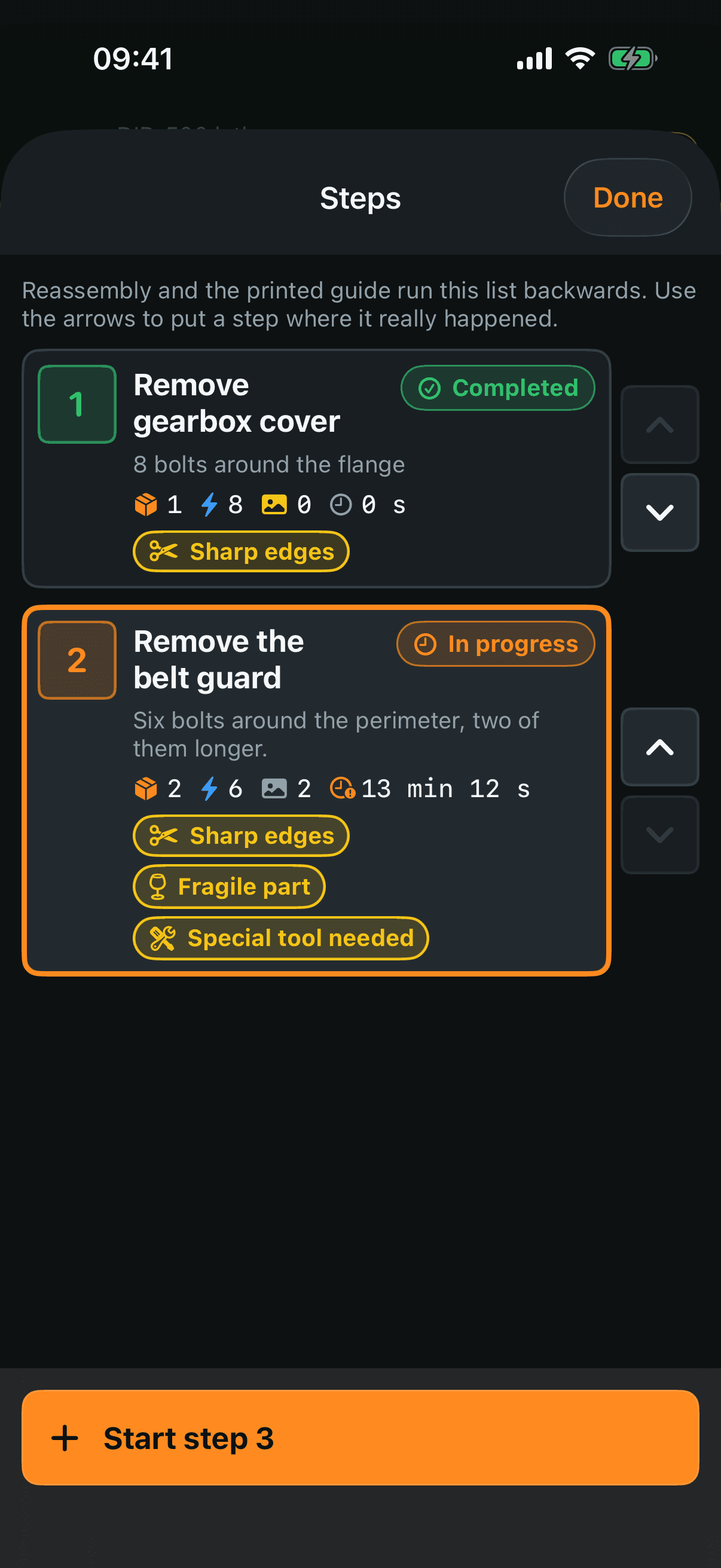 Steps — assembly runs this list backwards