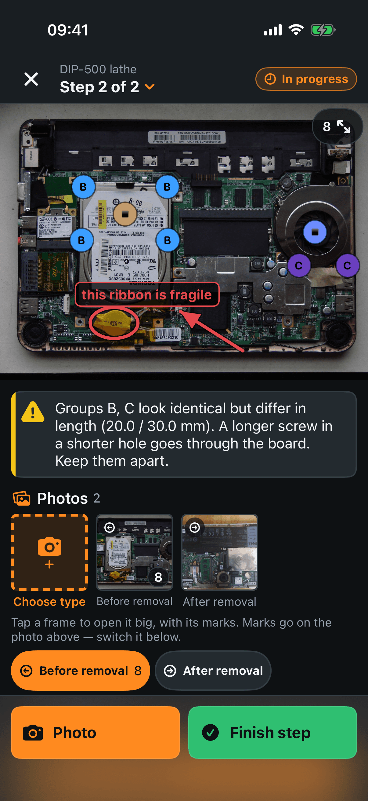 Teardown screen: photo with pinned fastener groups